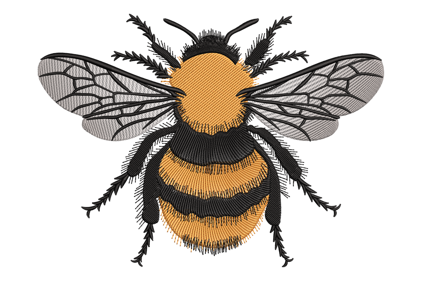 Bumblebee embroidery design, highly detailed bee with yellow-gold and black stripes, pale wing detail, realistic insect illustration style.