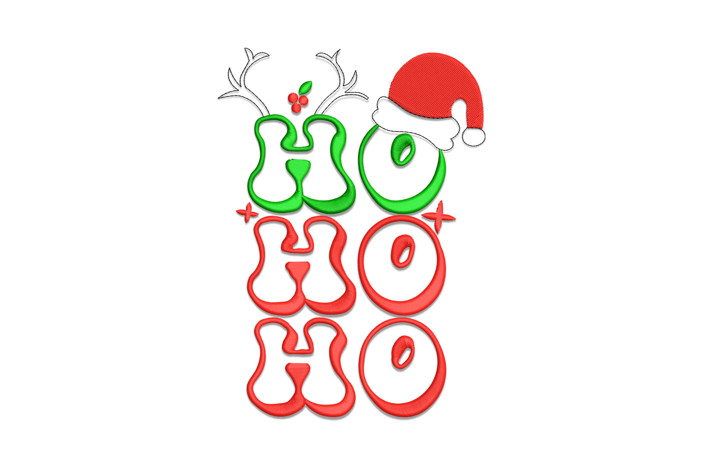 Ho Ho Ho Christmas embroidery with chunky stacked bubble letters, red and dark green, reindeer antlers and Santa hat on top.