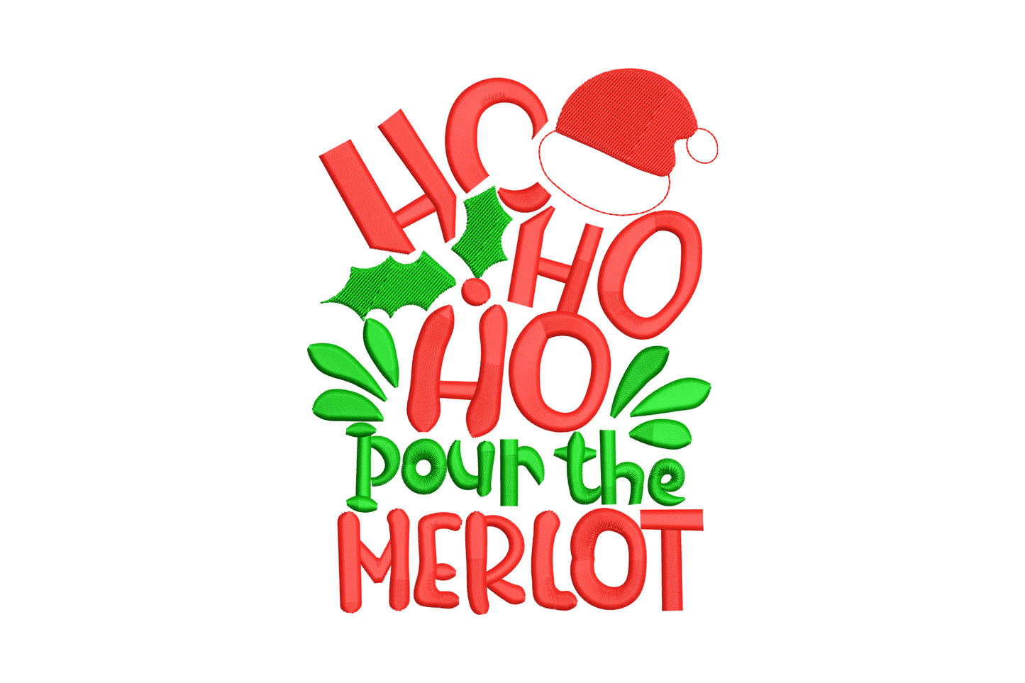 Ho Ho Ho Pour the Merlot holiday embroidery design with bold festive lettering and script accents in red and dark navy for Christmas gifts and aprons