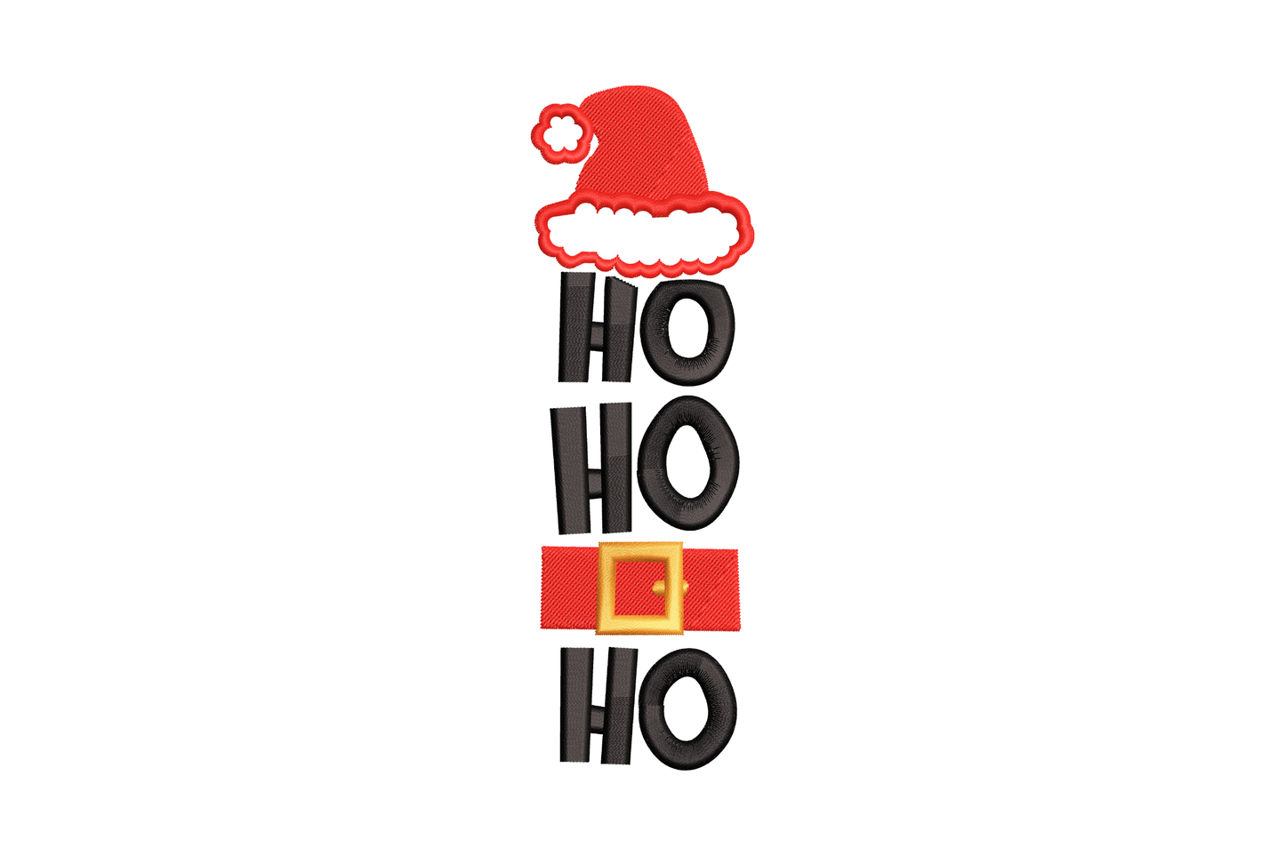 Vertical Ho Ho Ho embroidery design with red santa hat on top, orange belt buckle in the middle, and bold black block letter HO stacked three times