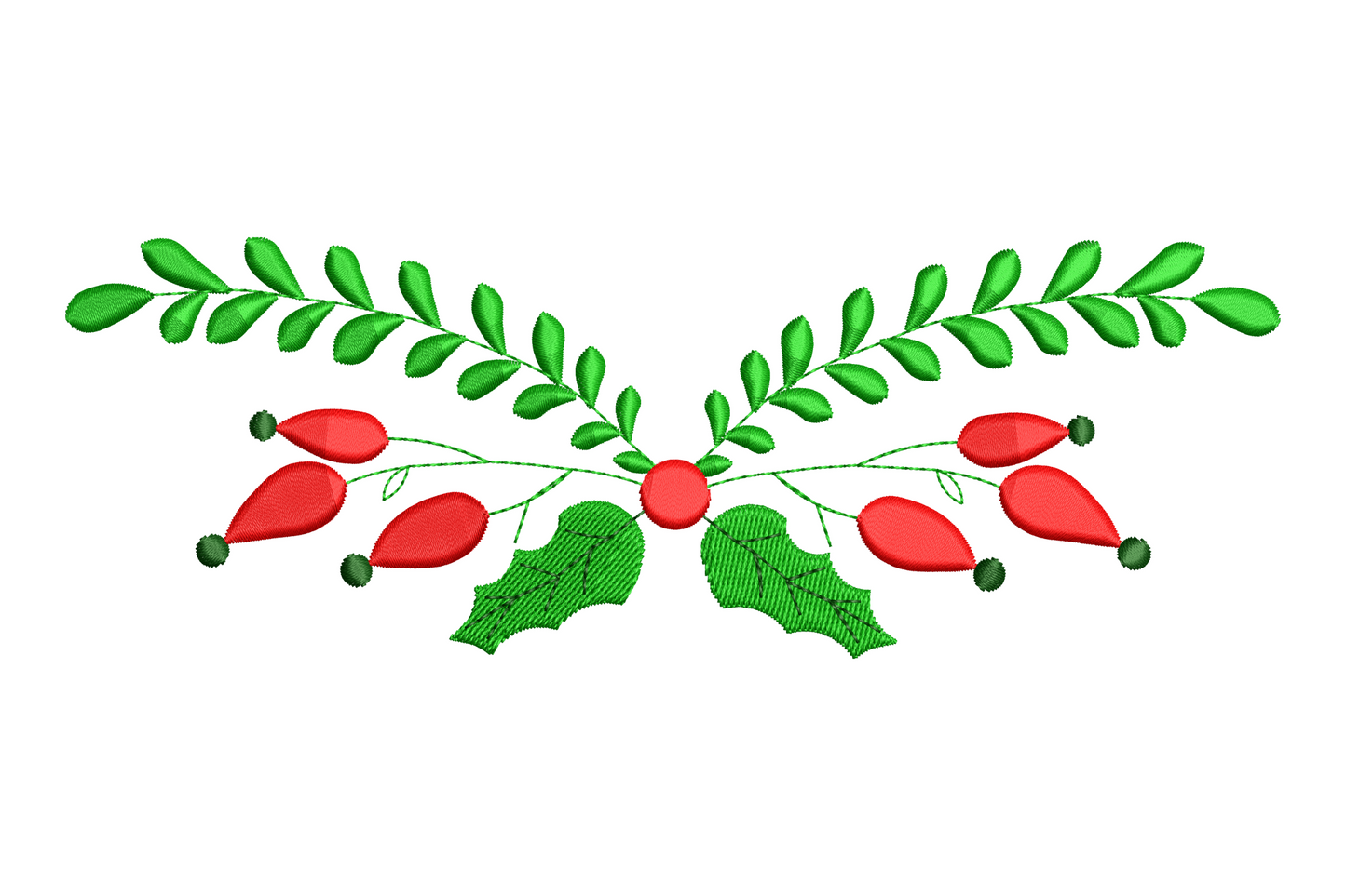 Holly berry Christmas border embroidery design in deep green and red with vein highlight, 5 sizes from 3.51 to 7.51 inches, up to 2.61 inches wide