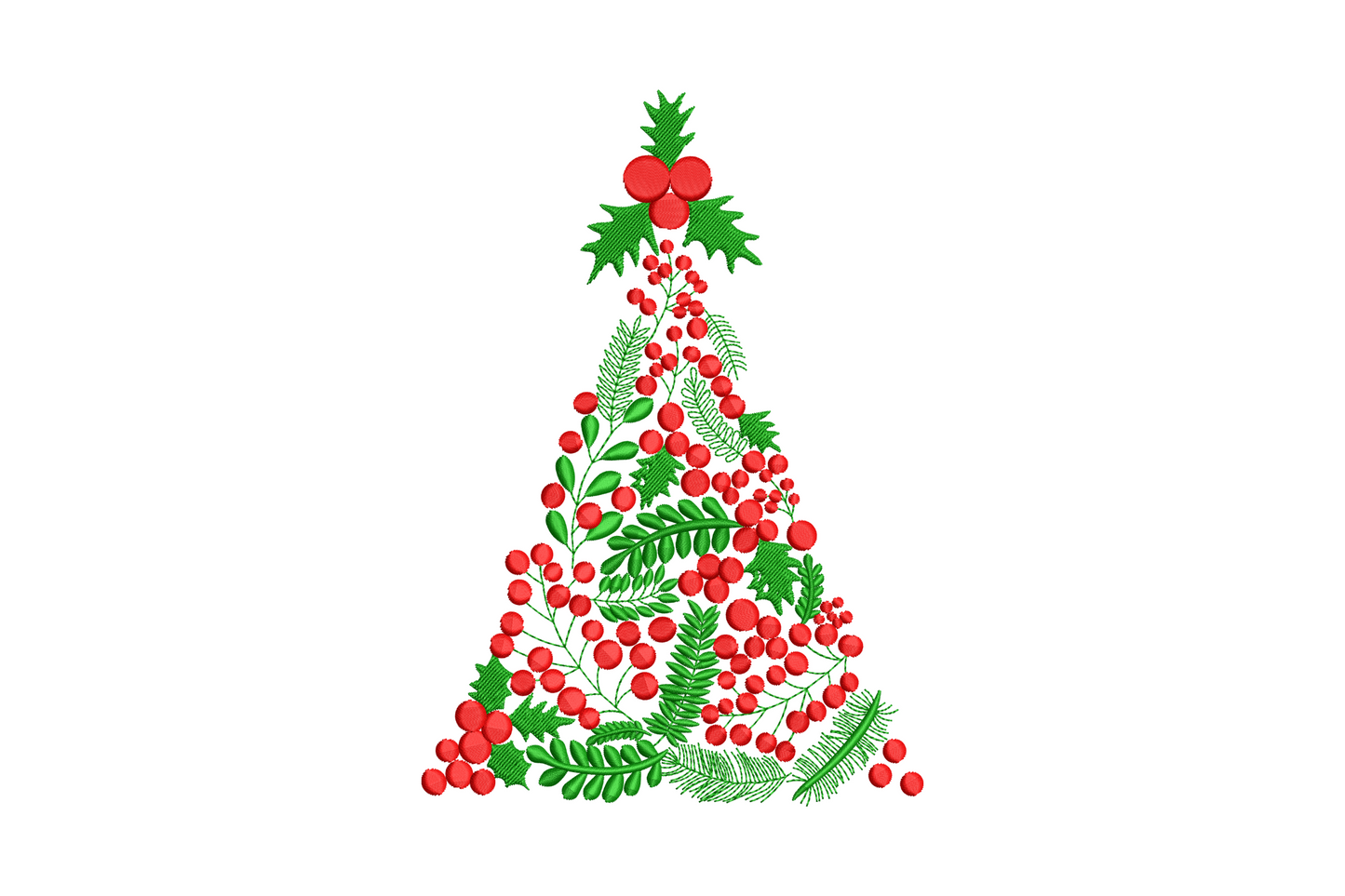 Holly berry Christmas tree embroidery with tree shape formed from holly sprigs and red berry clusters in green and red thread on white
