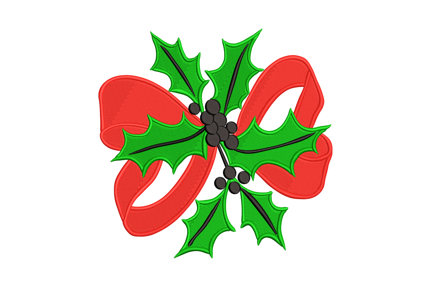 Christmas holly bow embroidery design, red ribbon bow with dark green holly leaves and black berries, 3 colors