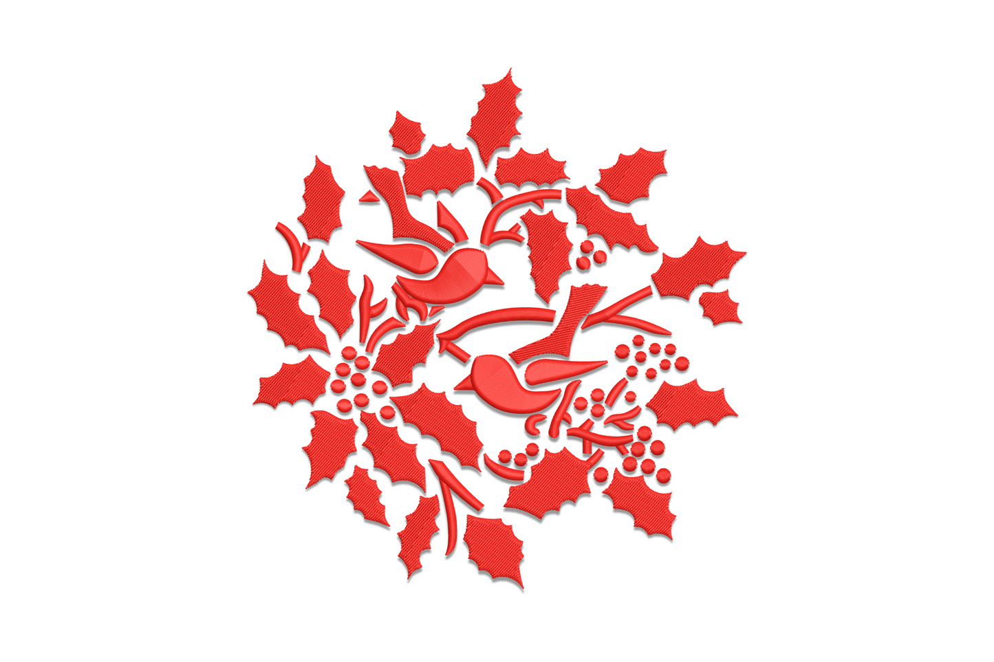 Holly wreath embroidery design, solid crimson red, packed leaves and berry clusters on cream linen pillow.