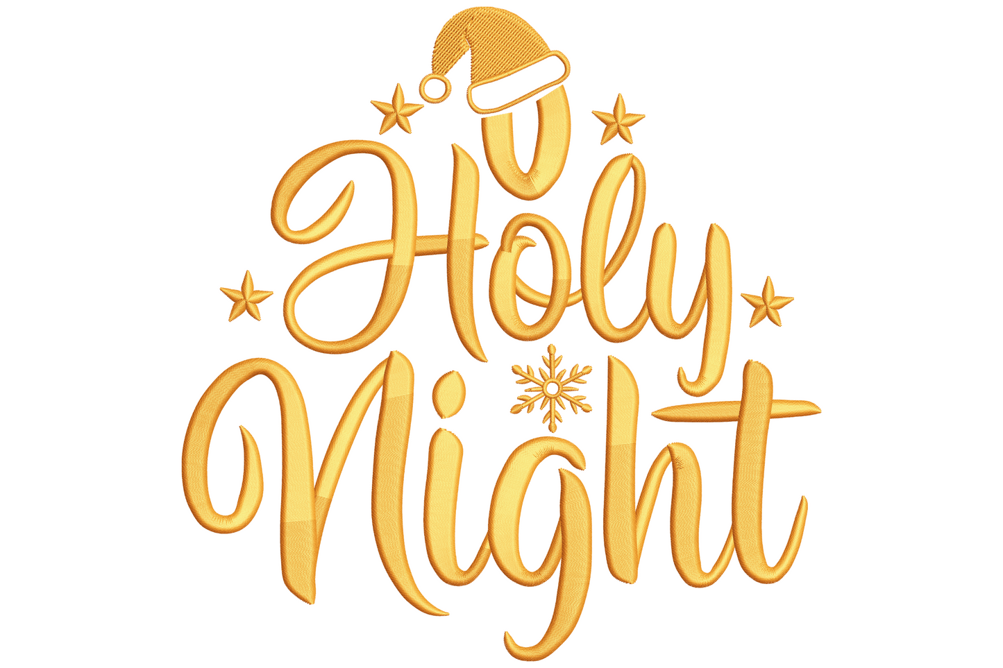 Holy Night gold script lettering in Christmas tree shape with santa hat stars and snowflake embroidery design
