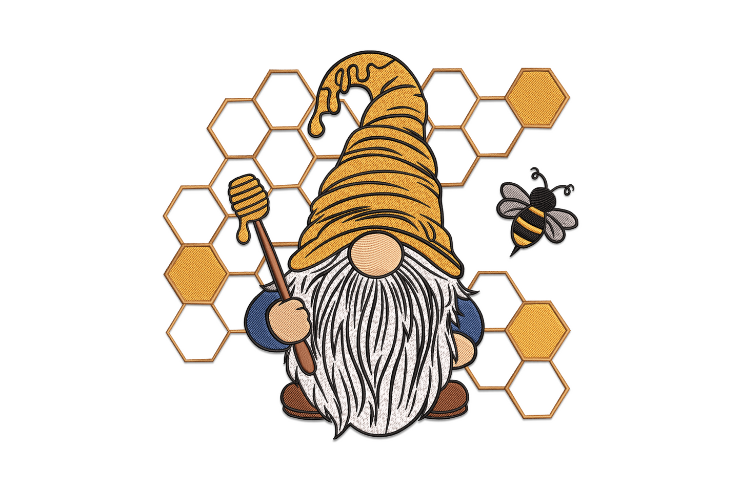 Honey bee gnome embroidery design with yellow and black stripes, pointed bee hat, white beard, and small gauzy wings on white background.