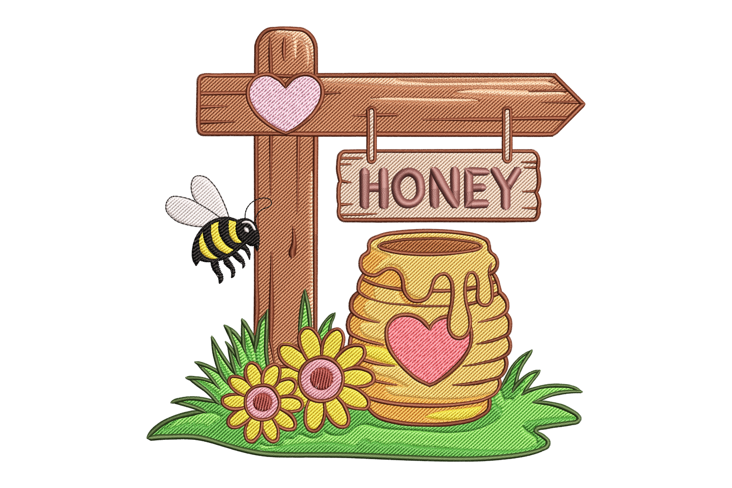 Illustration of a wooden sign with a honey jar, flowers, and a bee embroidery design