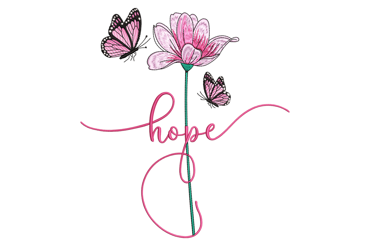 Hope flower butterfly embroidery design with hope script as a flower stem, pink cosmos bloom and two butterflies in rose pink and black on white.