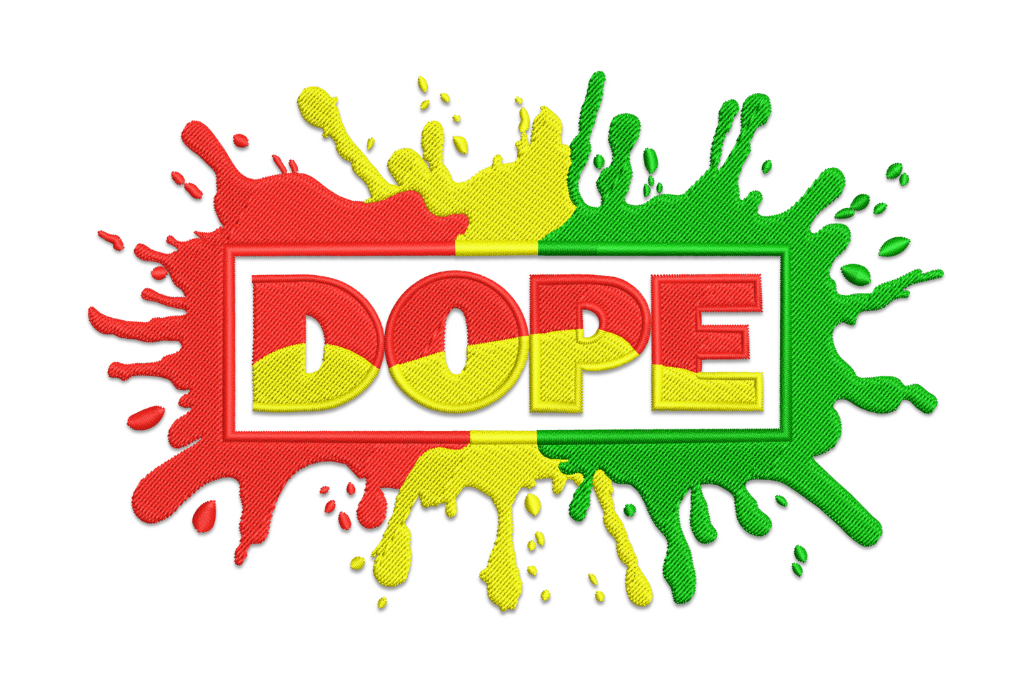 Pan-African paint splash embroidery, Dope in block letters inside a frame with red yellow and dark green ink burst.