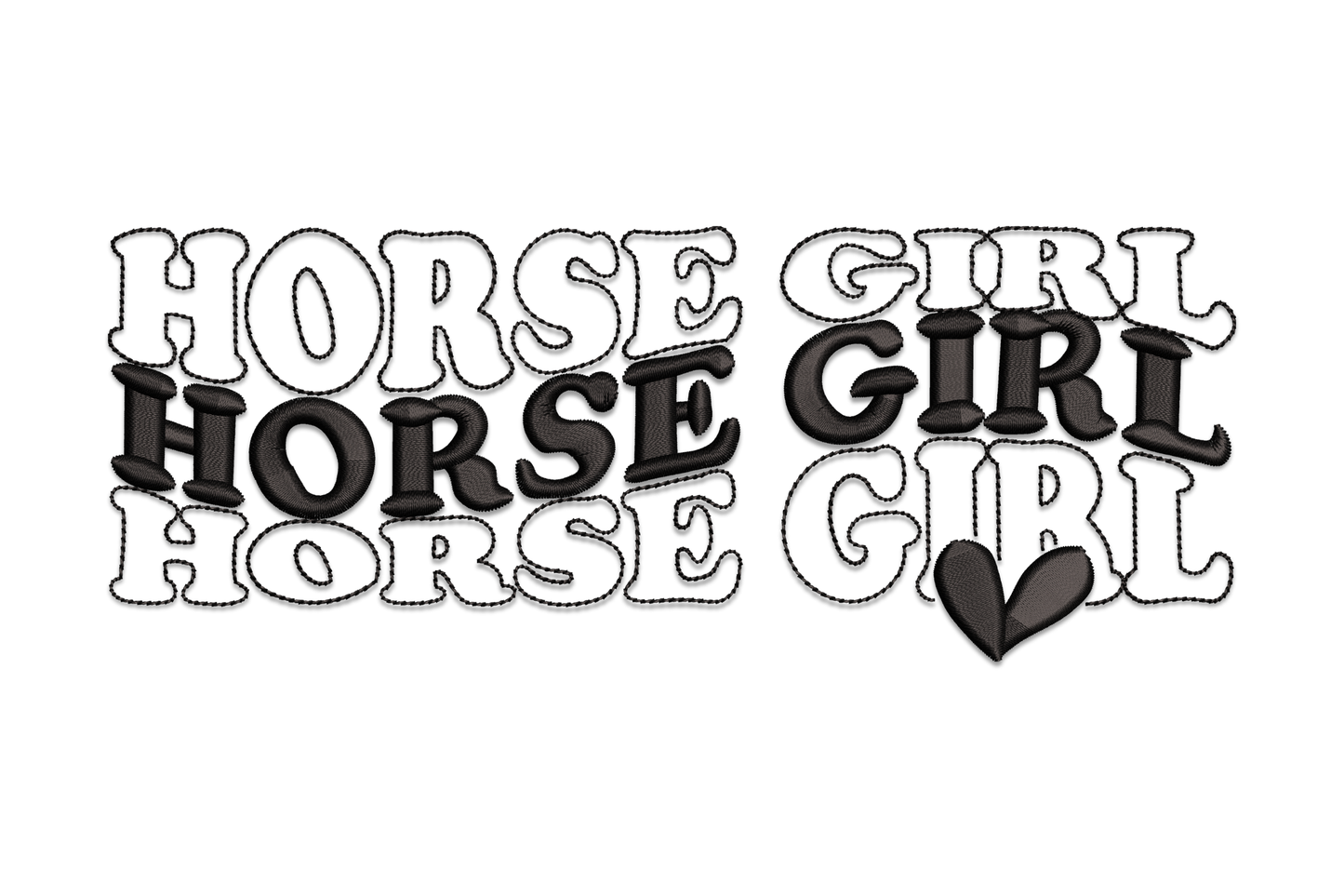 Retro bubble-letter HORSE GIRL two-column stacked word art with heart embroidery design