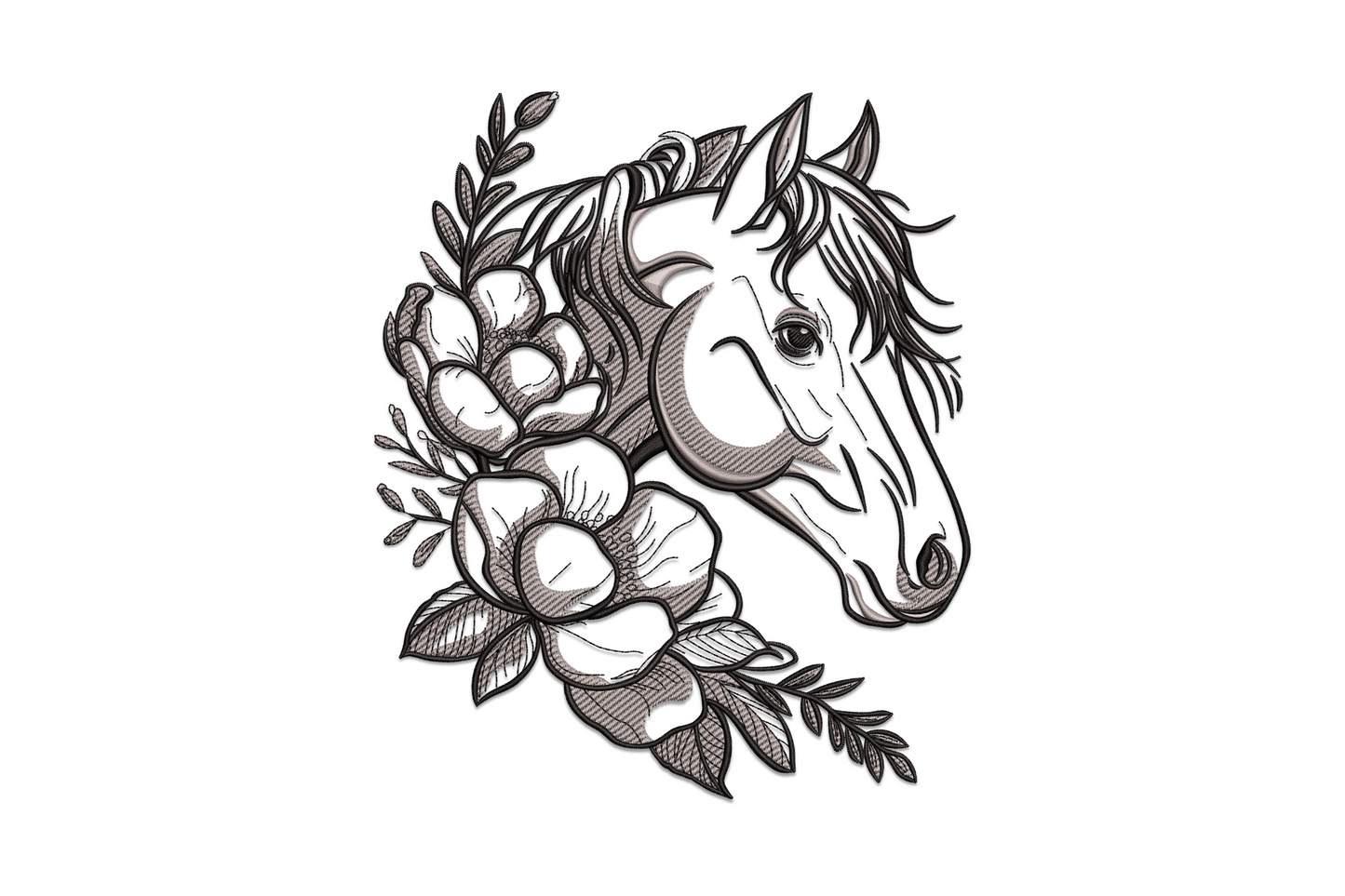 Horse head floral embroidery with sketchy linework, peony blooms and crosshatch shading in charcoal and grey.