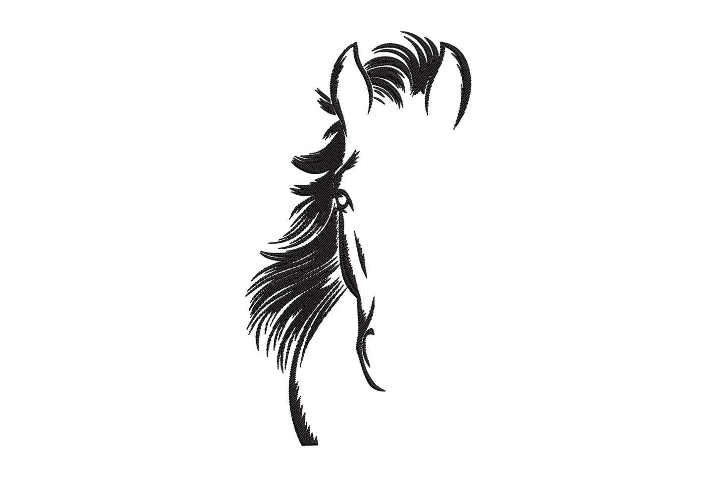 Horse head silhouette embroidery design in black, proud profile pose with fine directional mane strokes, single colour.