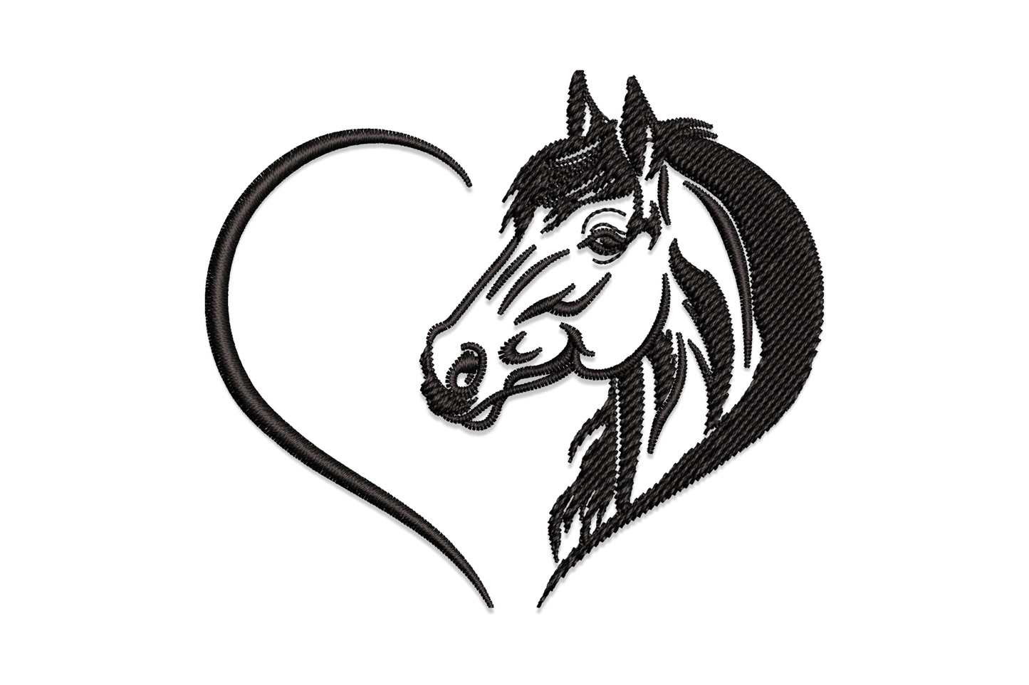 Horse heart embroidery design showing a detailed horse head inside an open heart outline in black thread.