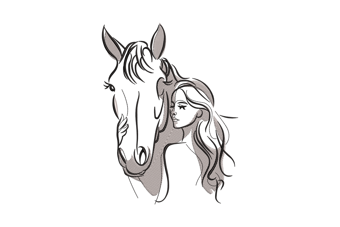 Machine embroidery design of a girl and horse portrait in dark brown and black thread, side-by-side pose on white fabric