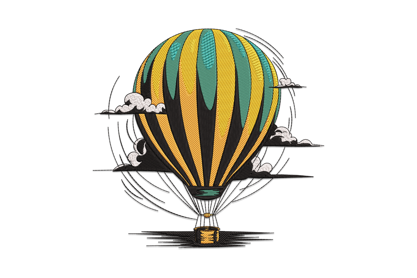 Hot air balloon embroidery design with orange and teal stripe panels, wispy clouds and wicker basket in vintage etching style, 7 colour machine embroidery.