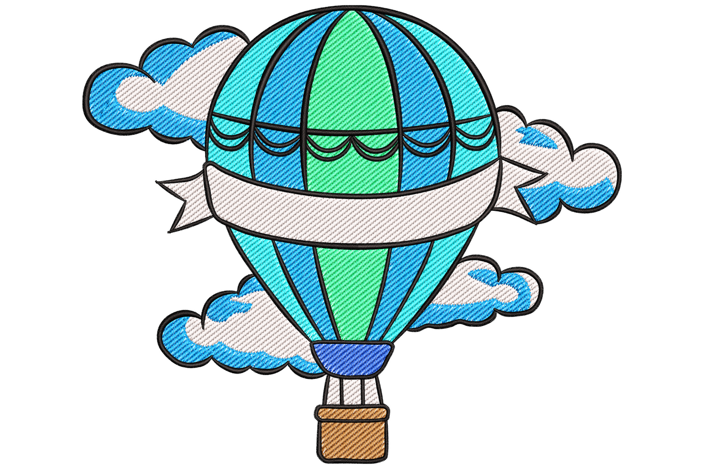 Striped red yellow teal hot air balloon floating among soft white clouds with small wicker basket and bird silhouette, friendly nursery embroidery design