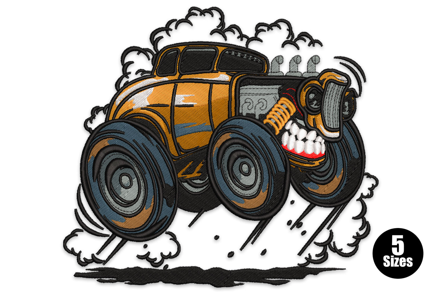 Hot rod monster car embroidery design with orange body panels, oversized grey tires, an exposed engine and a grinning teeth grille with red lips.