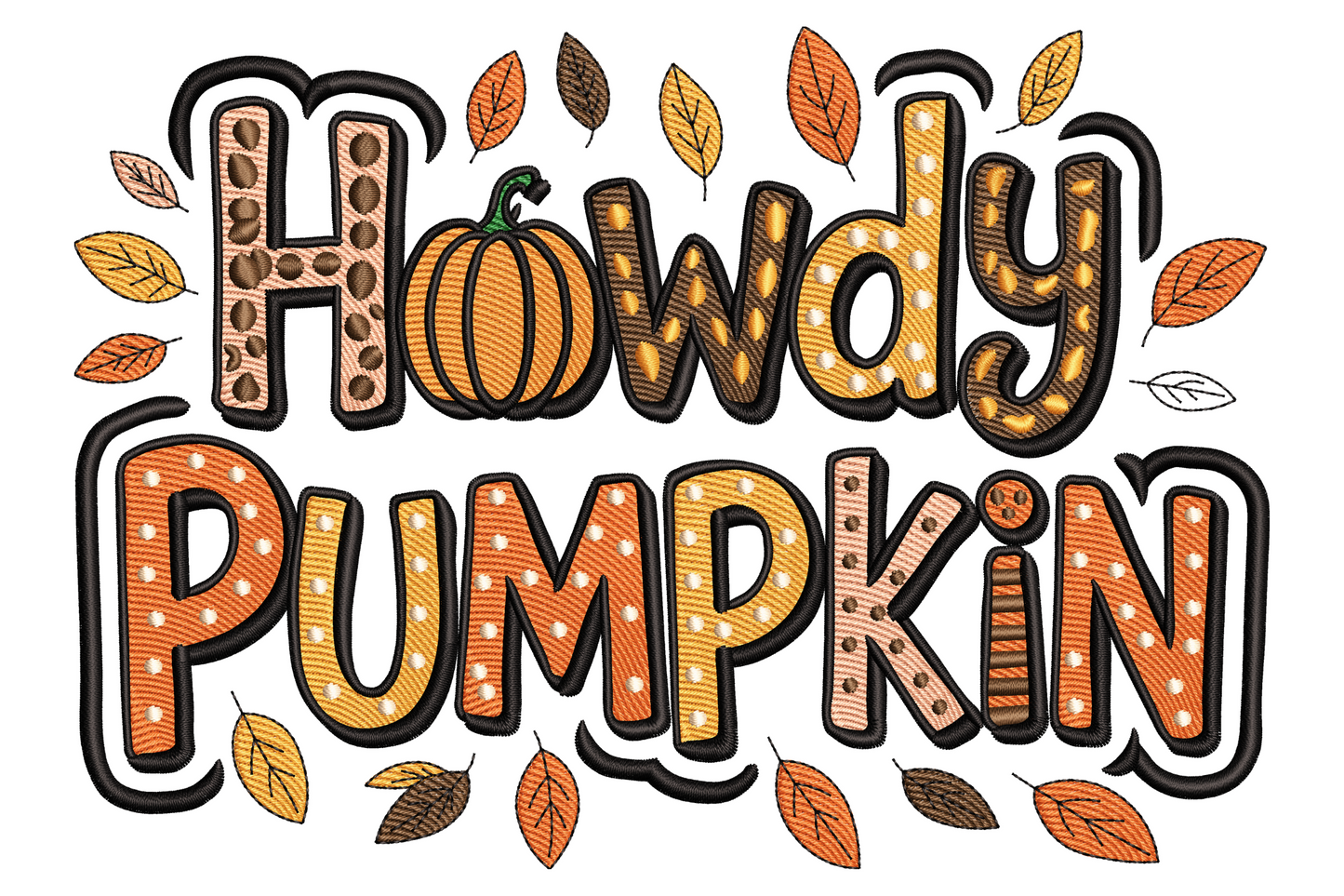 Western fall machine embroidery design with chunky HOWDY lettering above an orange pumpkin wearing a small brown cowboy hat, with a sunflower and green leaves tucked at the base.