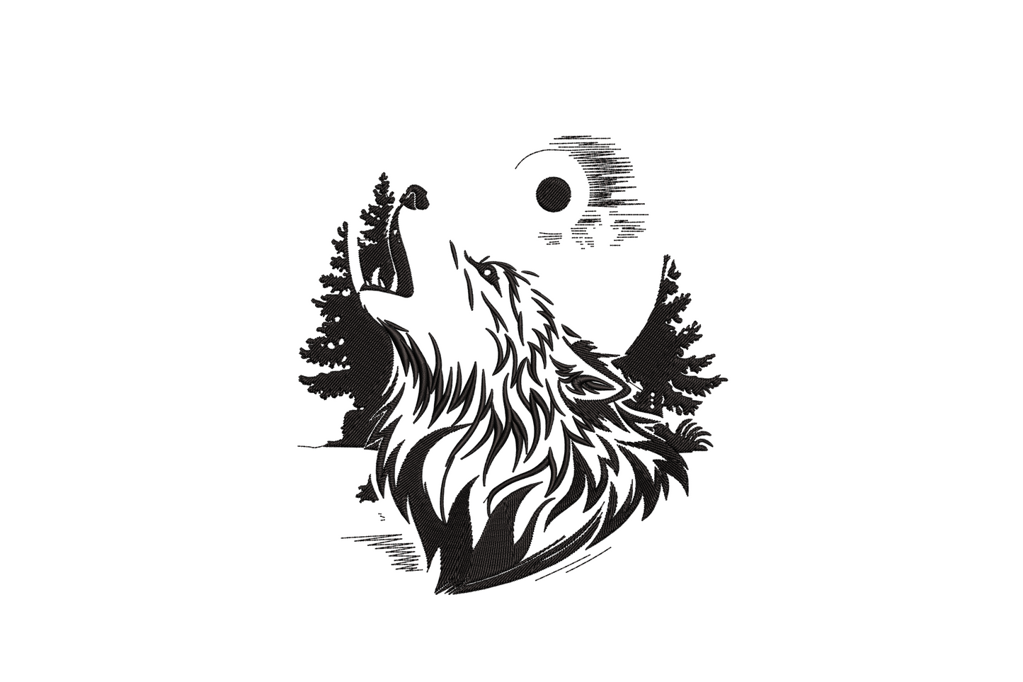 Embroidery design of a howling wolf at full moon framed in a circle with pine forest silhouette, detailed black sketch ink style