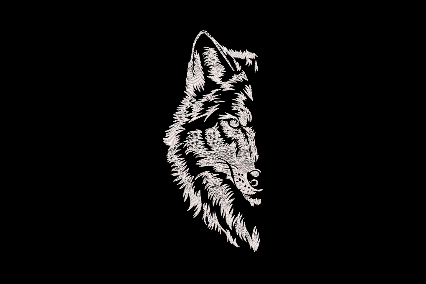 Embroidery design of a howling wolf head in profile, black sketch line work mimicking pen and ink illustration