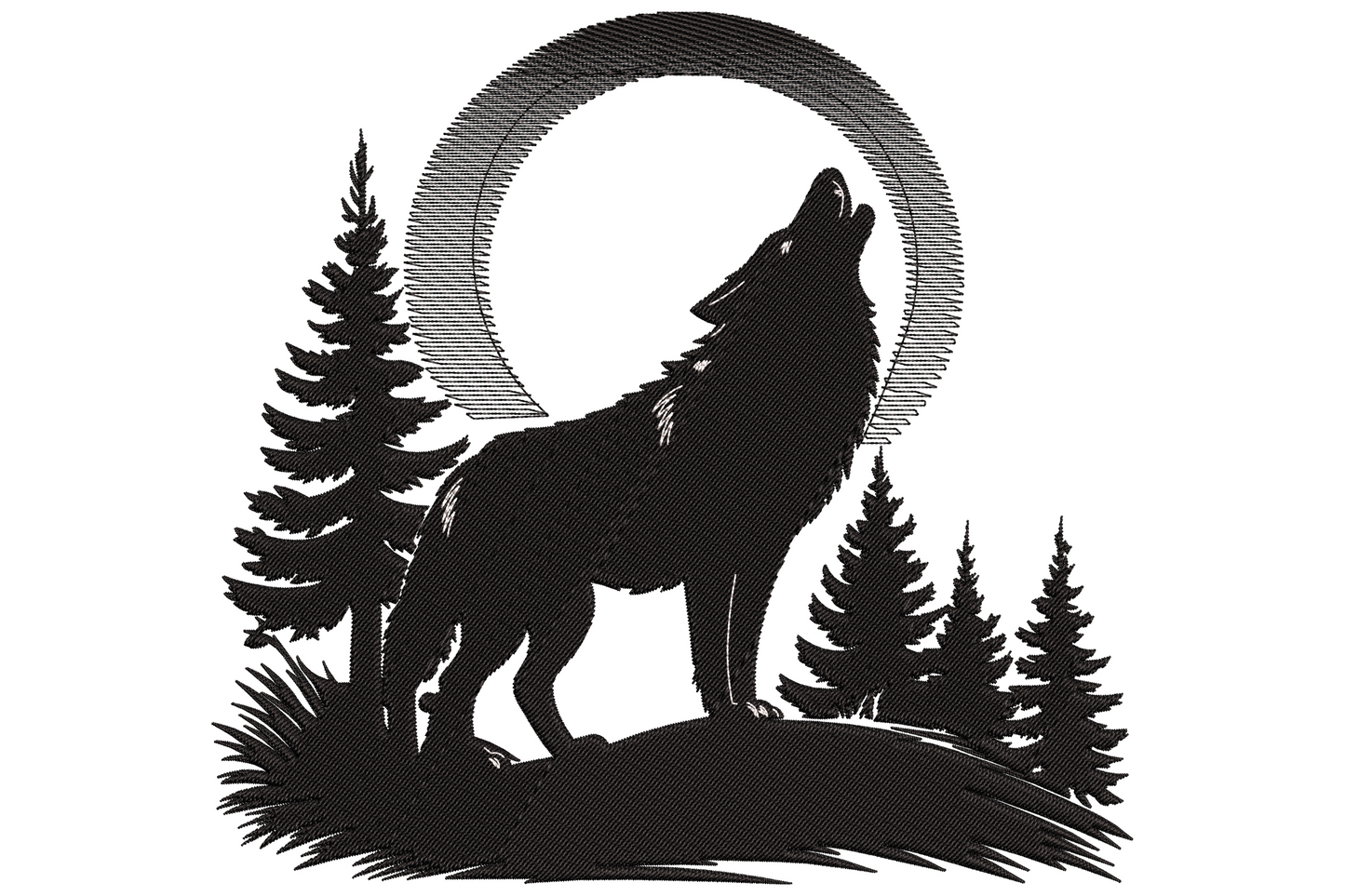 Black howling wolf silhouette on a rocky outcrop with pine trees and moon outline behind, dense satin embroidery