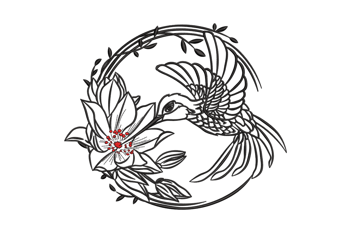 Black and red line art embroidery of a hummingbird in flight inside a botanical vine circle with a large open flower
