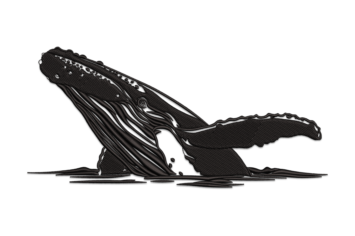 Humpback whale embroidery silhouette in black showing whale mid-breach with raised head and sweeping fluked tail above the waterline.