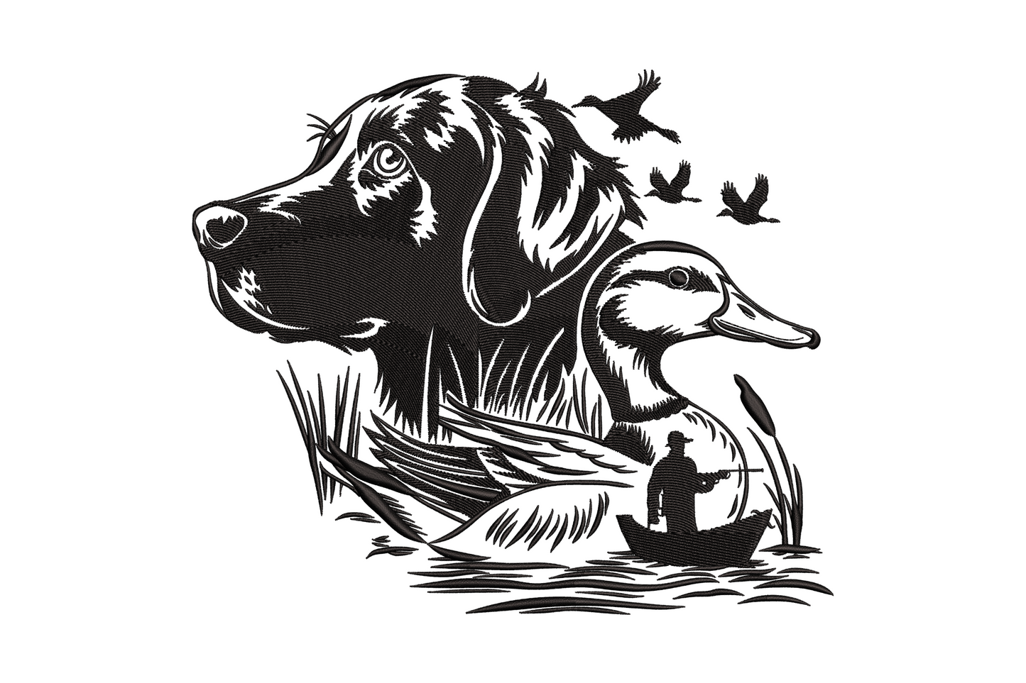 Hunting dog and duck embroidery design, realistic sporting scene with retriever dog and duck motif, detailed fur texture