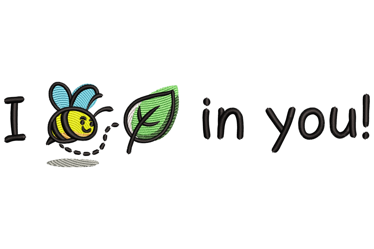 I Bee-Leaf in You embroidery, chubby amber cartoon bee on grass green leaf with bold black stripes and white wings.