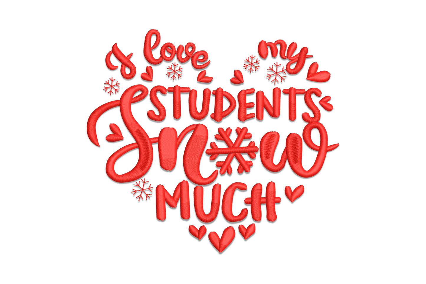 I Love My Students Snow Much embroidery design in red thread, heart-shaped quote with snowflake detail, on navy tote fabric.