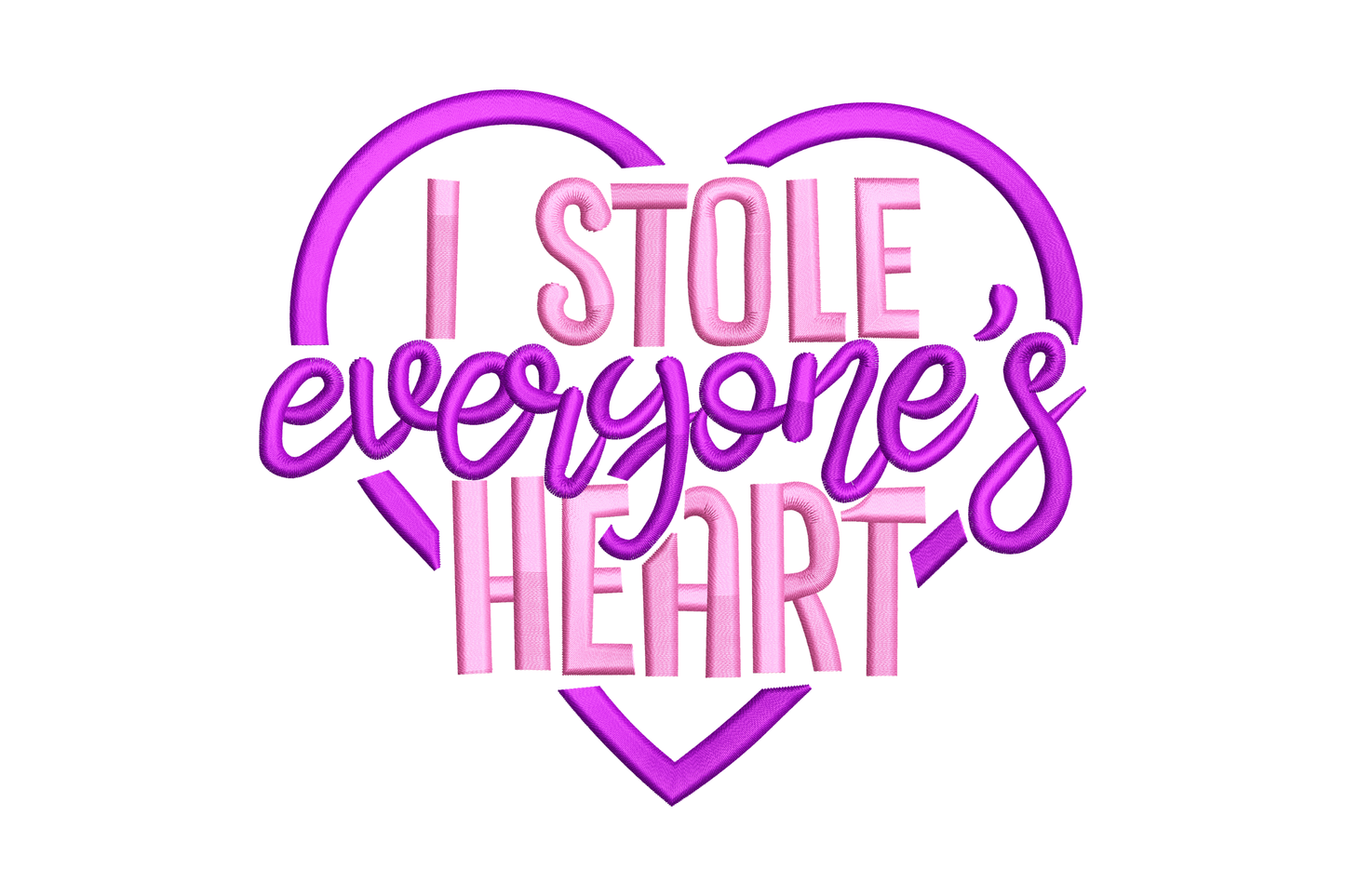 I Stole Everyones Heart kids embroidery with pink block letters and cursive inside a purple heart outline frame.