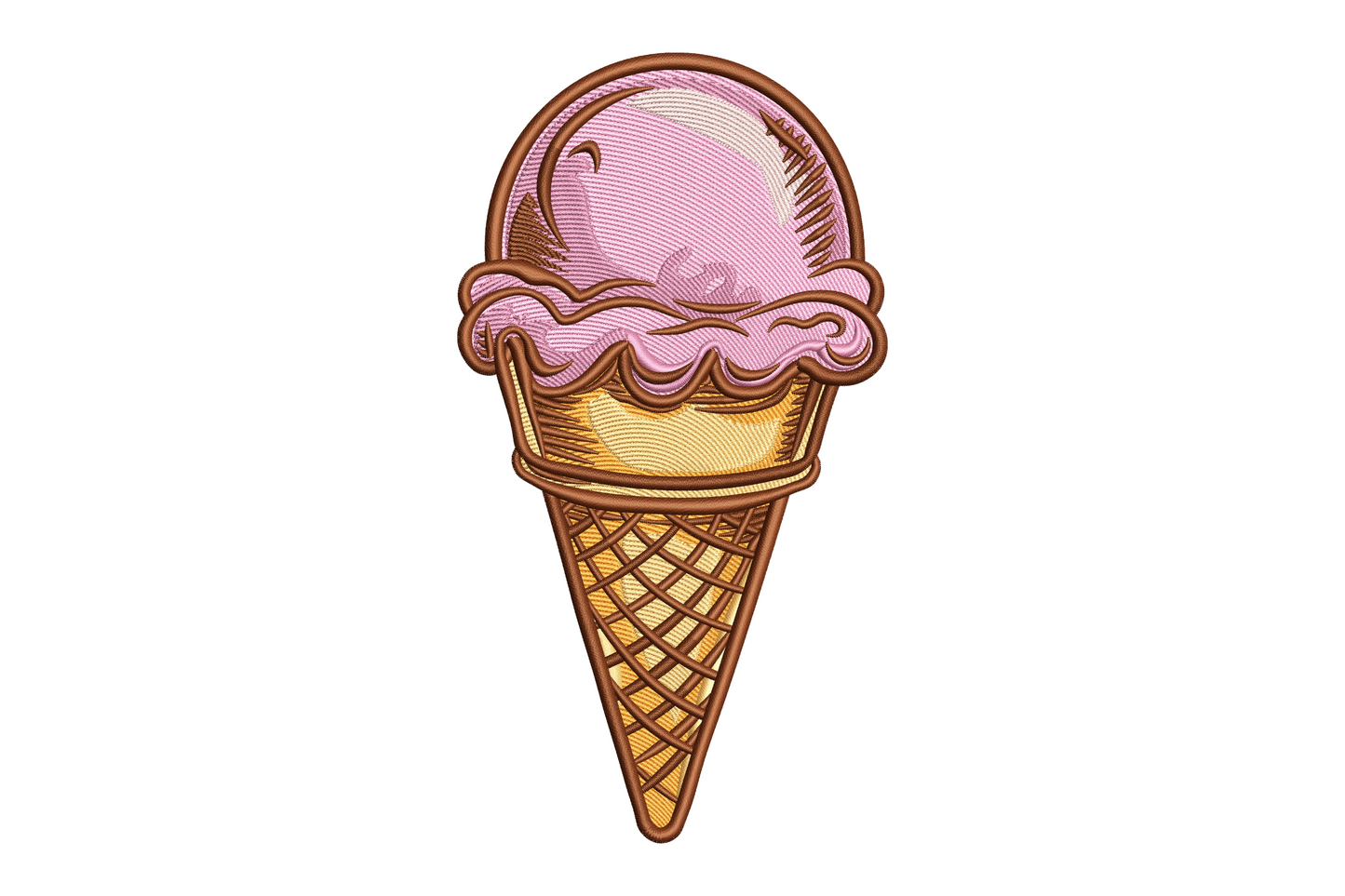 Ice cream cone embroidery design with blush pink scoop, drips and caramel waffle cone crosshatch grid, 7 sizes, 6 colours.