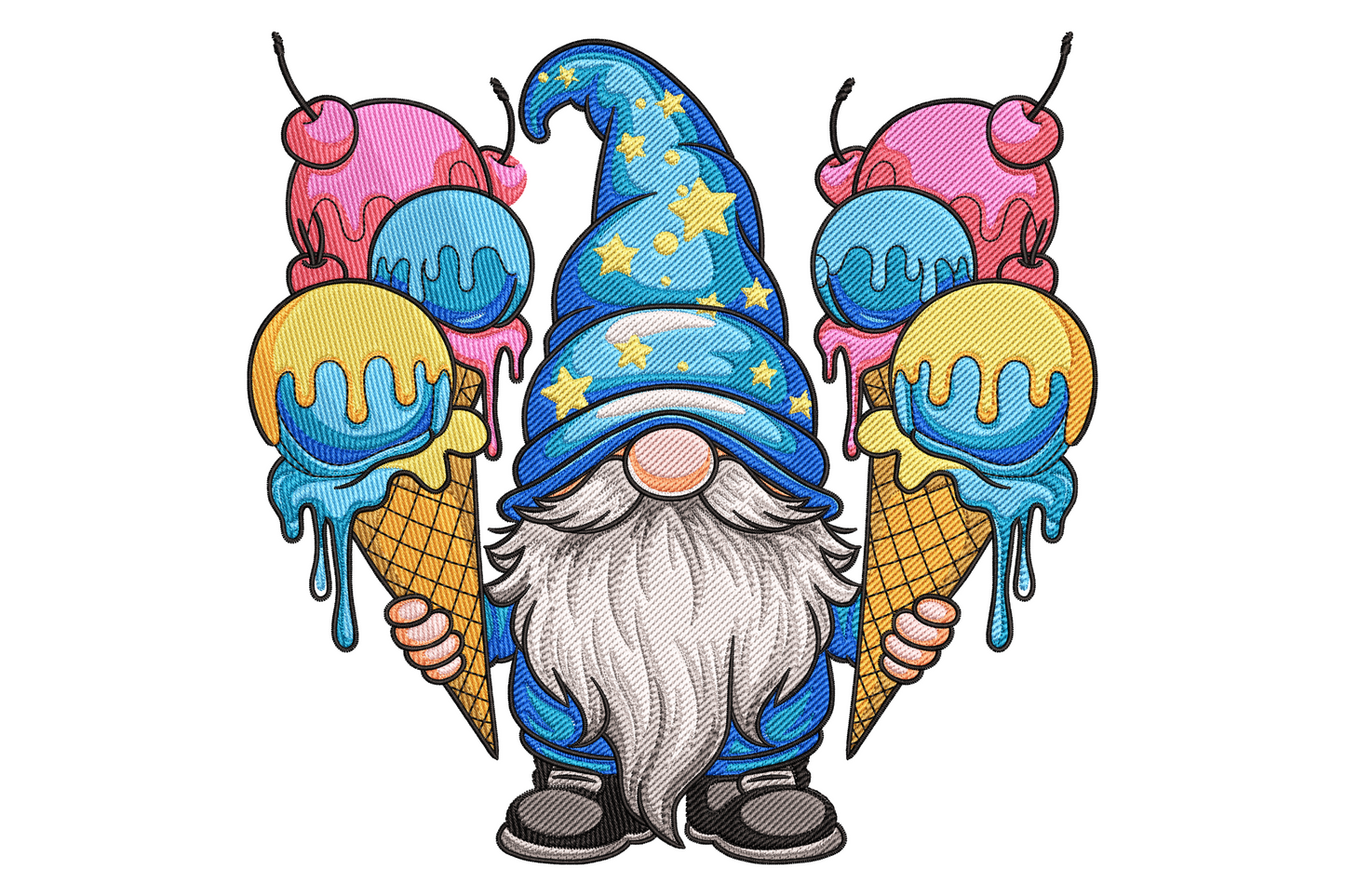 Ice cream gnome embroidery design with blue star hat, long white beard and two dripping waffle cones, 14 colours summer design.