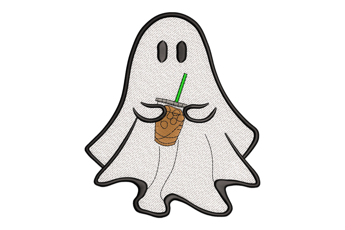 Cute white halloween ghost holding a brown iced coffee cup with green straw, 5 colour embroidery design, sizes 2.51 to 5.51 inch