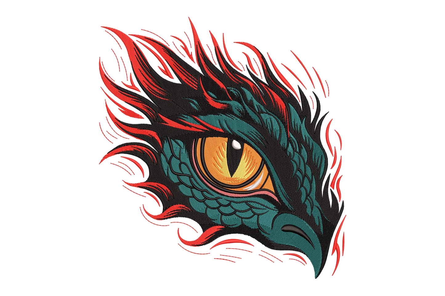 Embroidery design of a dragon eye extreme close-up with teal-green overlapping scales, an amber-yellow iris, vertical slit pupil, and jagged red flame spikes radiating from all edges of the design.