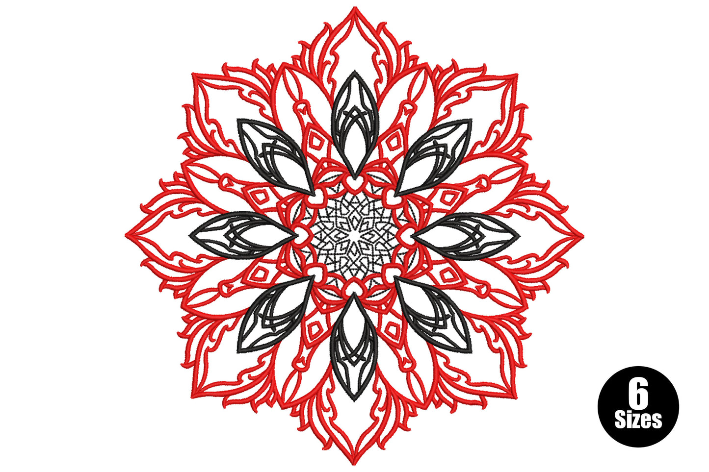 Intricate red and black floral mandala embroidery design with layered pointed petal rings and a geometric star center on white background.