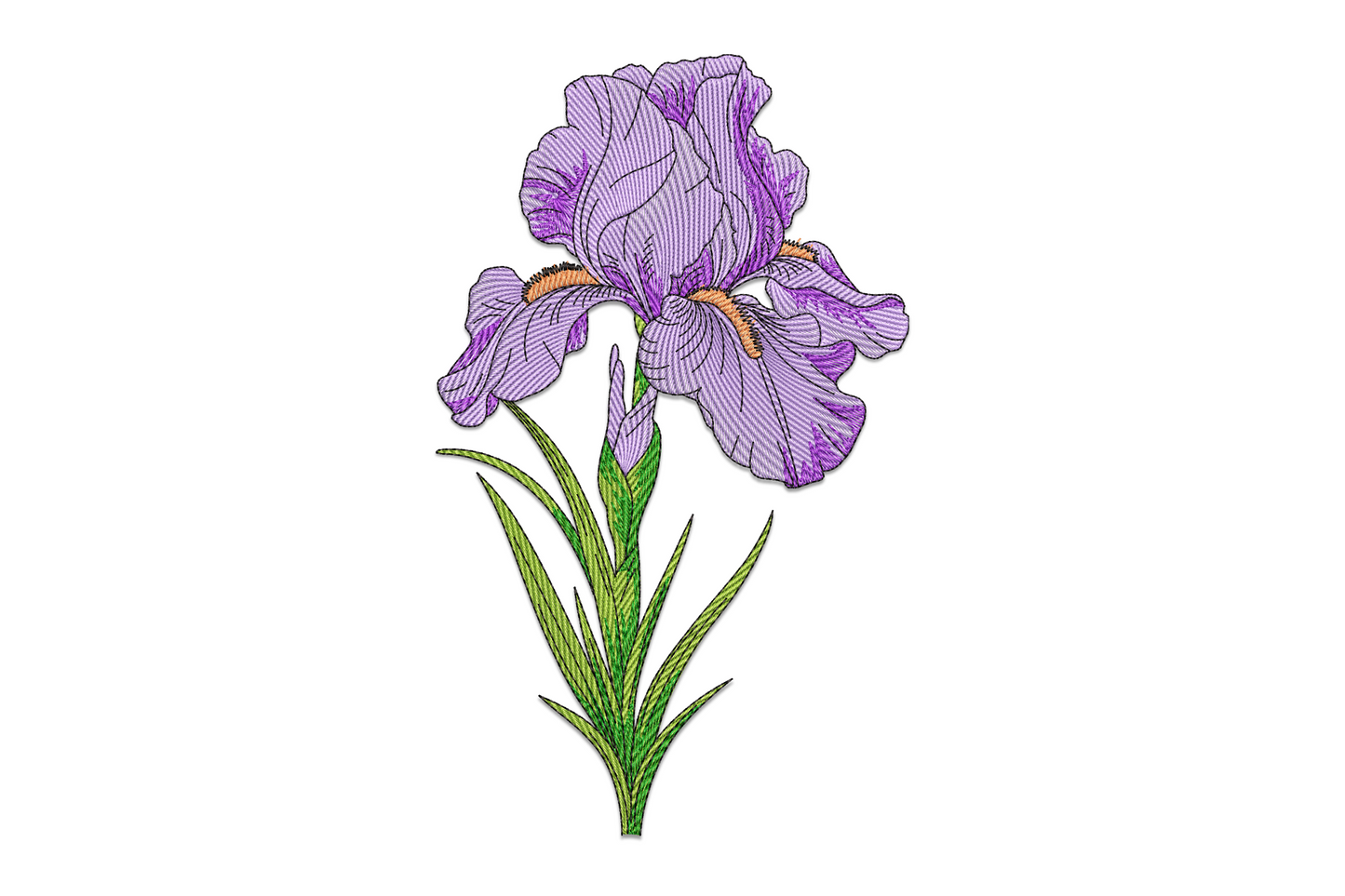 Iris flower embroidery design with lavender petals, violet veining, peach beard, and two-tone green leaves on white background
