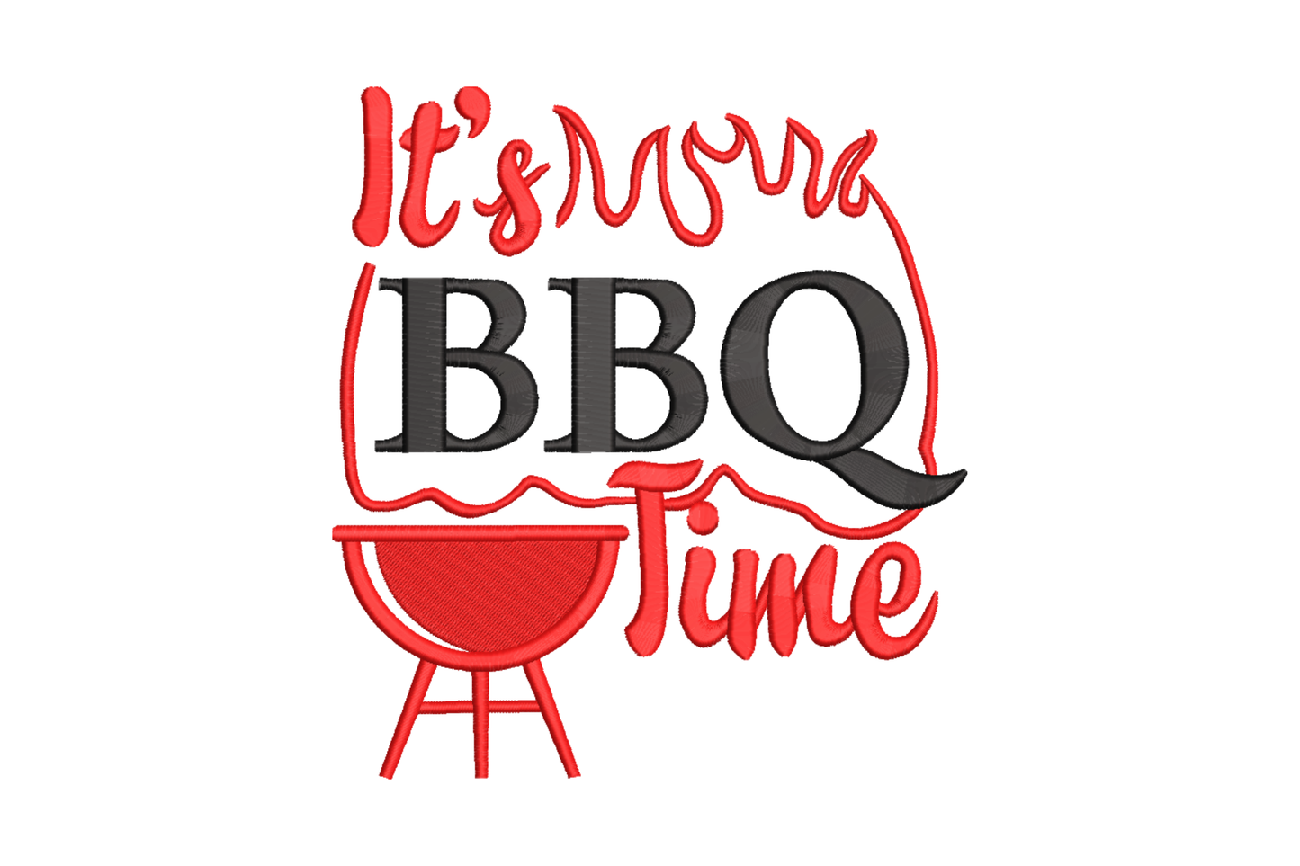 It's BBQ Time embroidery design with red cursive lettering, large black BBQ block letters and kettle grill silhouette