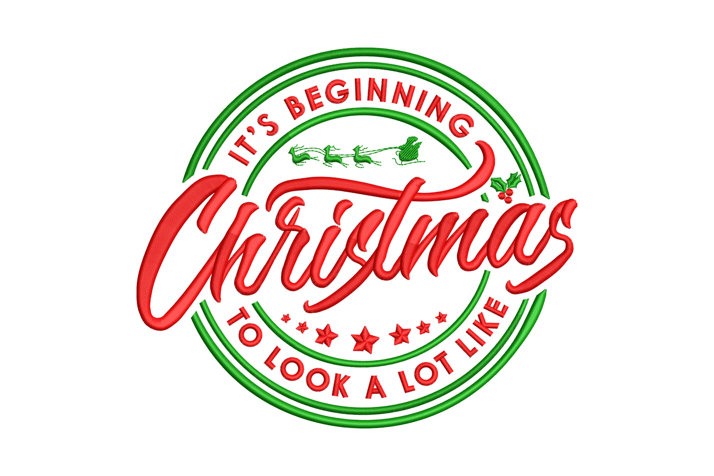 Circular badge christmas embroidery design with red script lettering and green satin ring frame, holiday typography word art