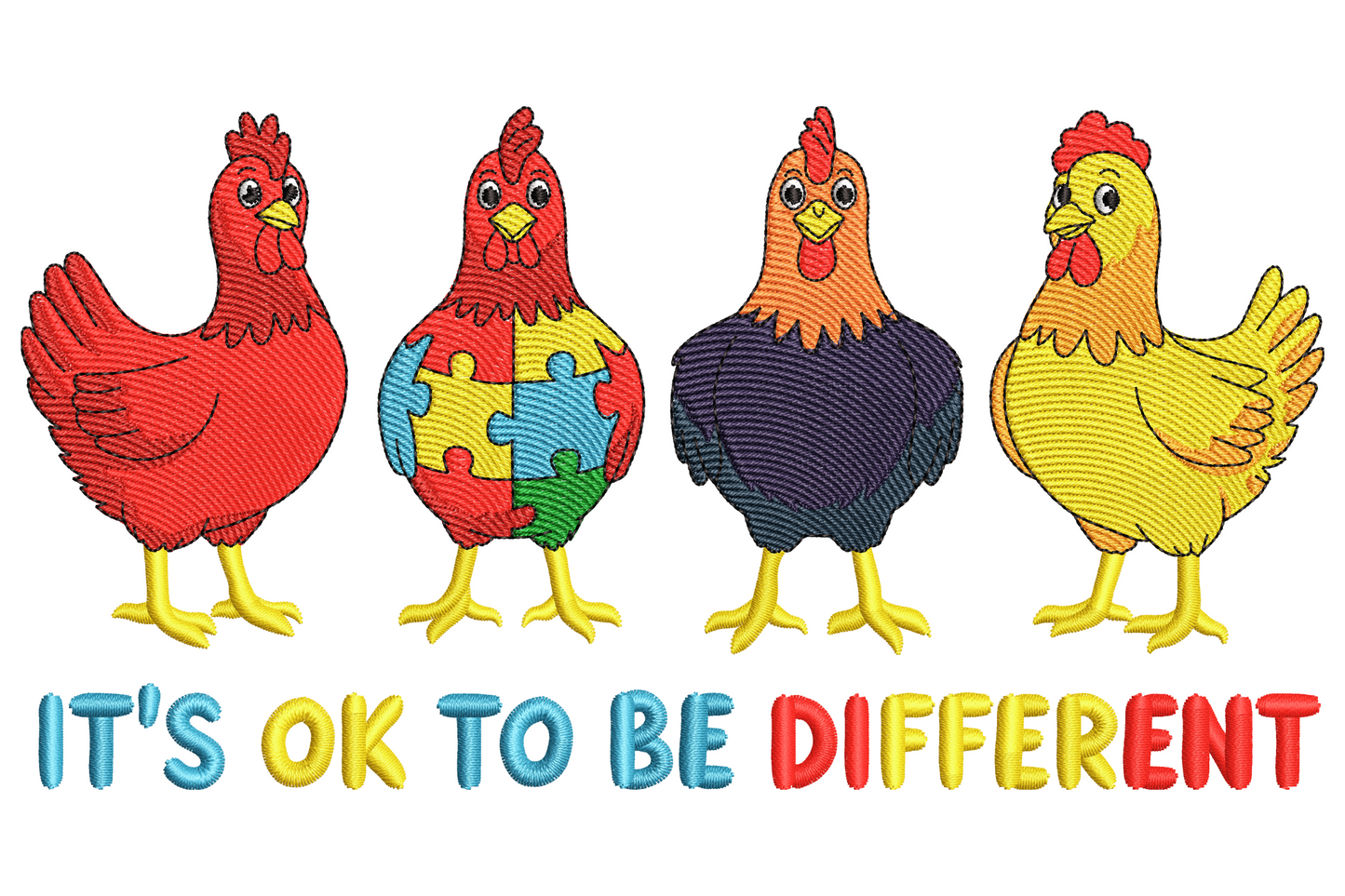 Rainbow puzzle piece chicken embroidery standing above row of white chickens with handwritten script its ok to be different on cream background.