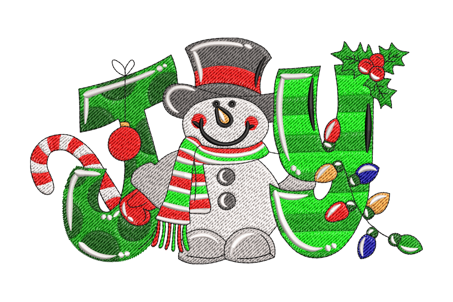 JOY snowman christmas lettering embroidery design with green block letters, snowman in centre wearing top hat and scarf, candy cane and ornament accents