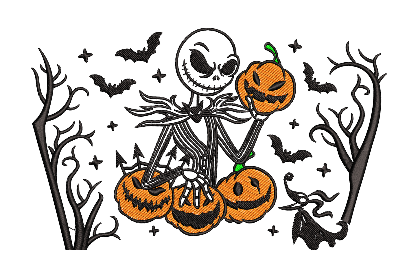 Jack Skellington Halloween embroidery design featuring elongated skull face with hollow eyes and segmented smile, Nightmare Before Christmas inspired machine embroidery 3 sizes.