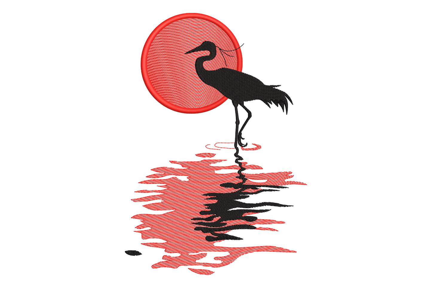 Japanese crane embroidery, black silhouette in water, red sun disc, rippled reflection, woodblock print style, 2 colors.