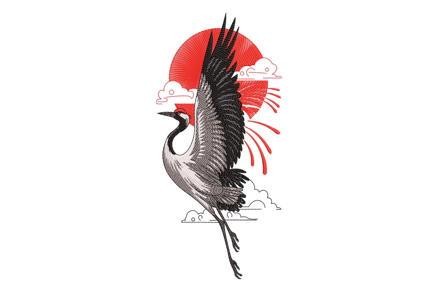 Japanese red-crowned crane mid-flight embroidery design with a bold red rising sun and line-art clouds behind it.