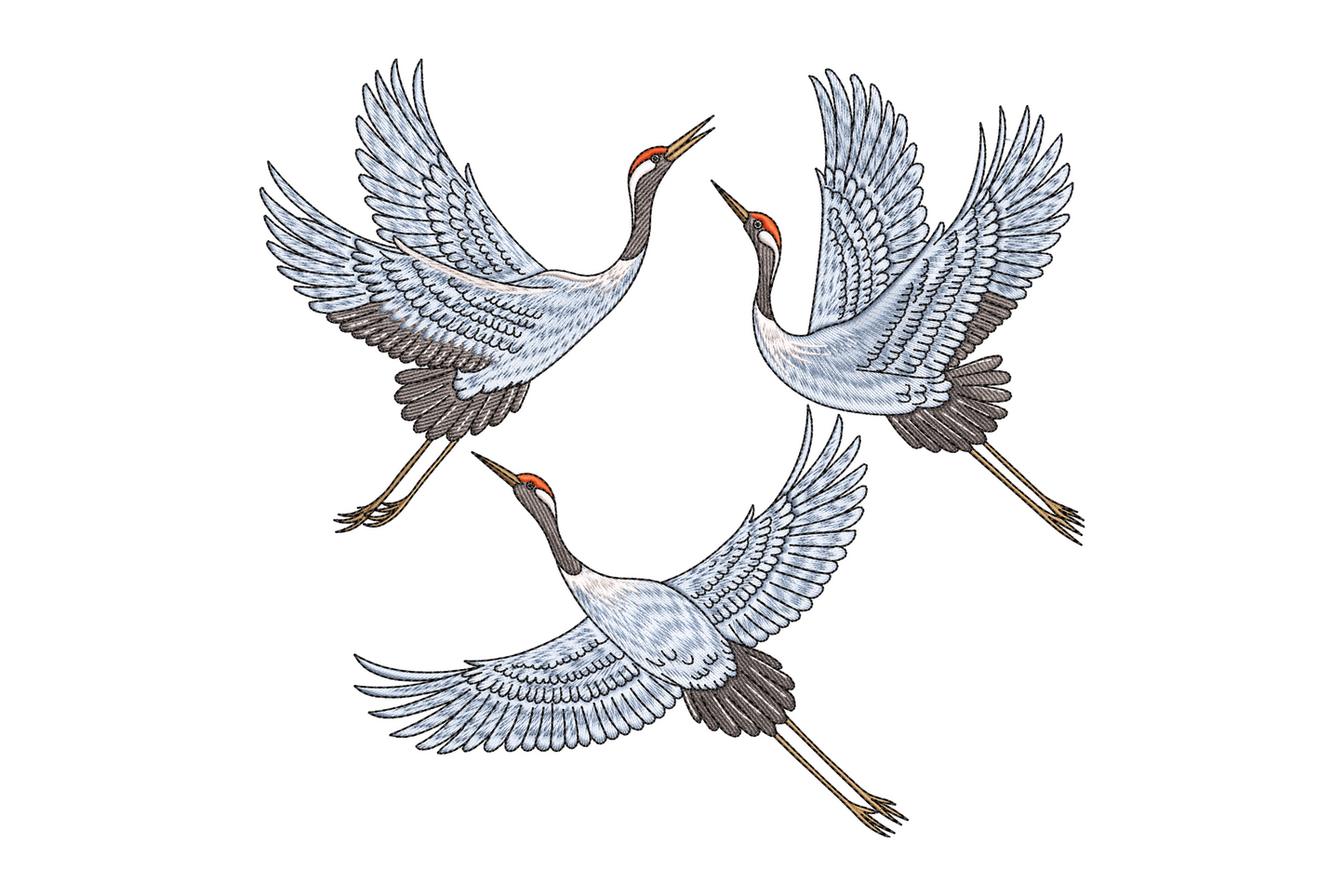 Japanese flying crane embroidery, wings fully spread, white plumage with black wingtips and red crown, elegant oriental style