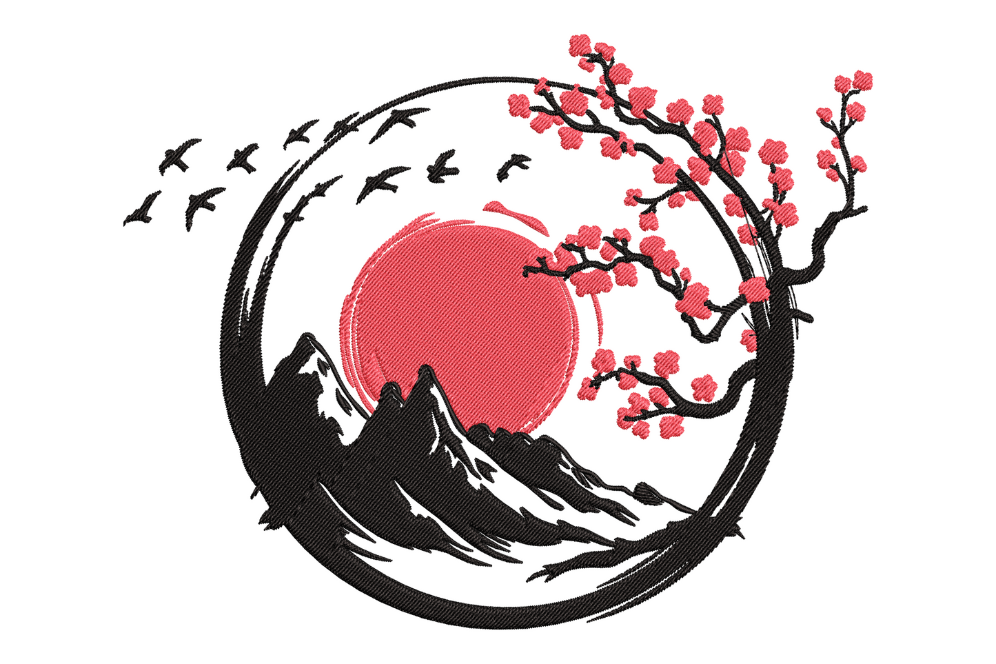 Japanese sakura mountain machine embroidery design in black and cherry blossom pink, Mount Fuji silhouette with flowering cherry branches, woodblock print inspired landscape style