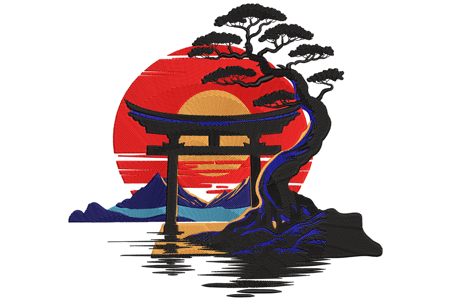 Embroidered Japanese torii gate against a scarlet sun with bonsai pine, water reflections and indigo mountains