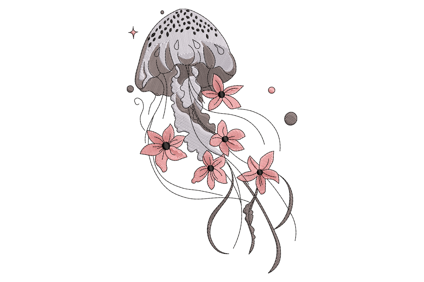 Jellyfish floral embroidery design with lavender bell and sage floral tentacles on aqua canvas, boho coastal style