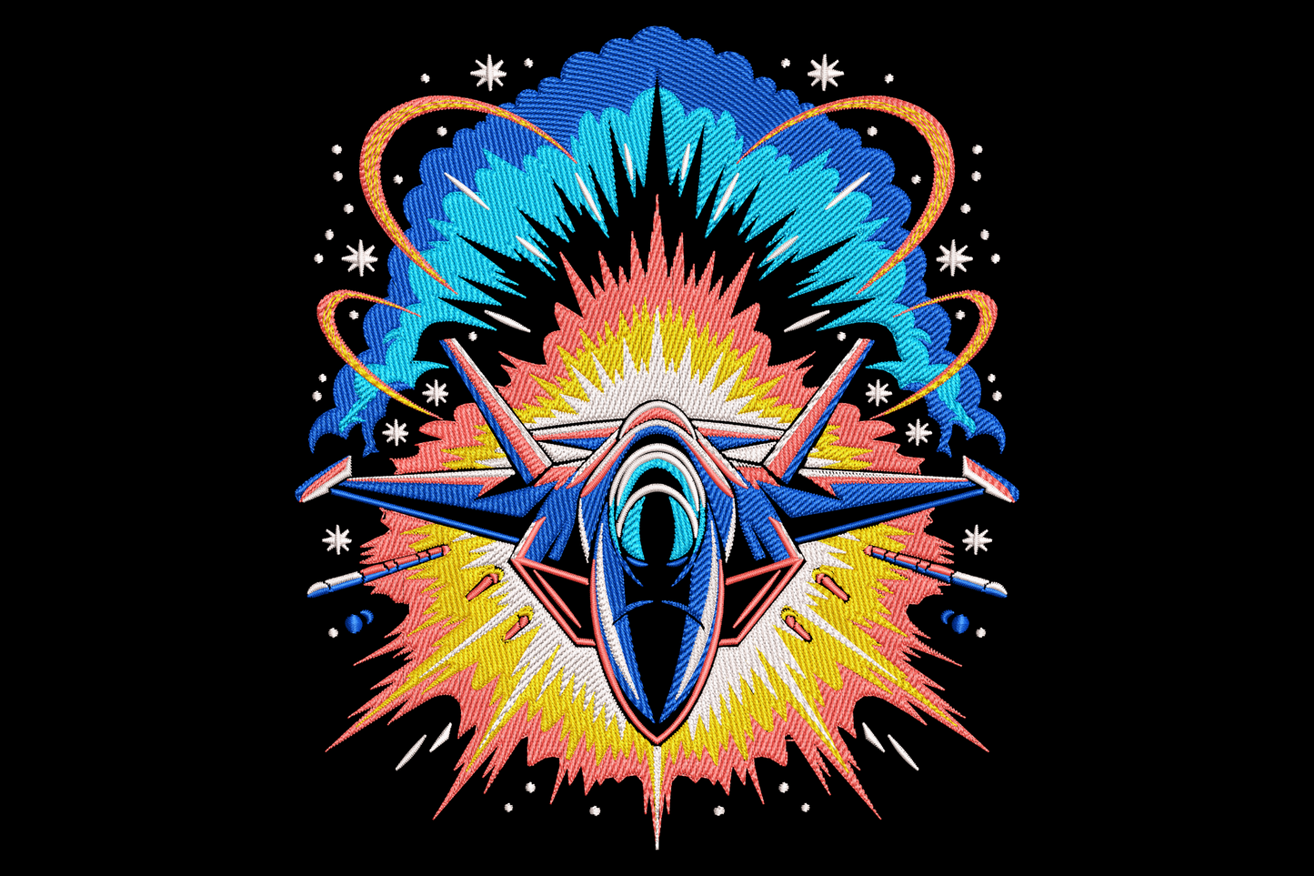 Stealth jet fighter embroidery flying out of a cyan and orange fireball with star sparks on black background
