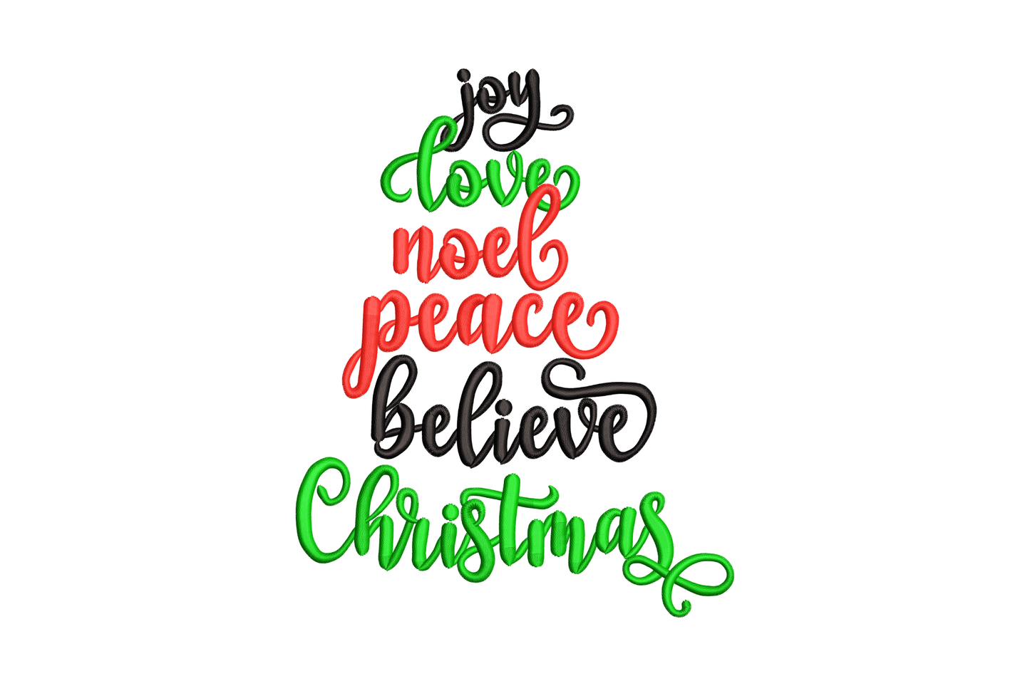 Joy Love Noel Peace Believe stacked word art Christmas embroidery design in ivory, crimson, and sage on charcoal canvas.